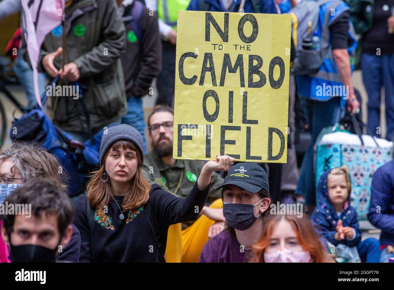 London, UK. 30th Aug, 2021. London, UK 30 8 21 No to the Cambo Oil field placard. Members of Extinction Rebellion march from The Shard to Tower Bridge where supporters climb on top of a caravan and block the road. Extinction Rebellion Credit: Mark Thomas/Alamy Live News Stock Photo