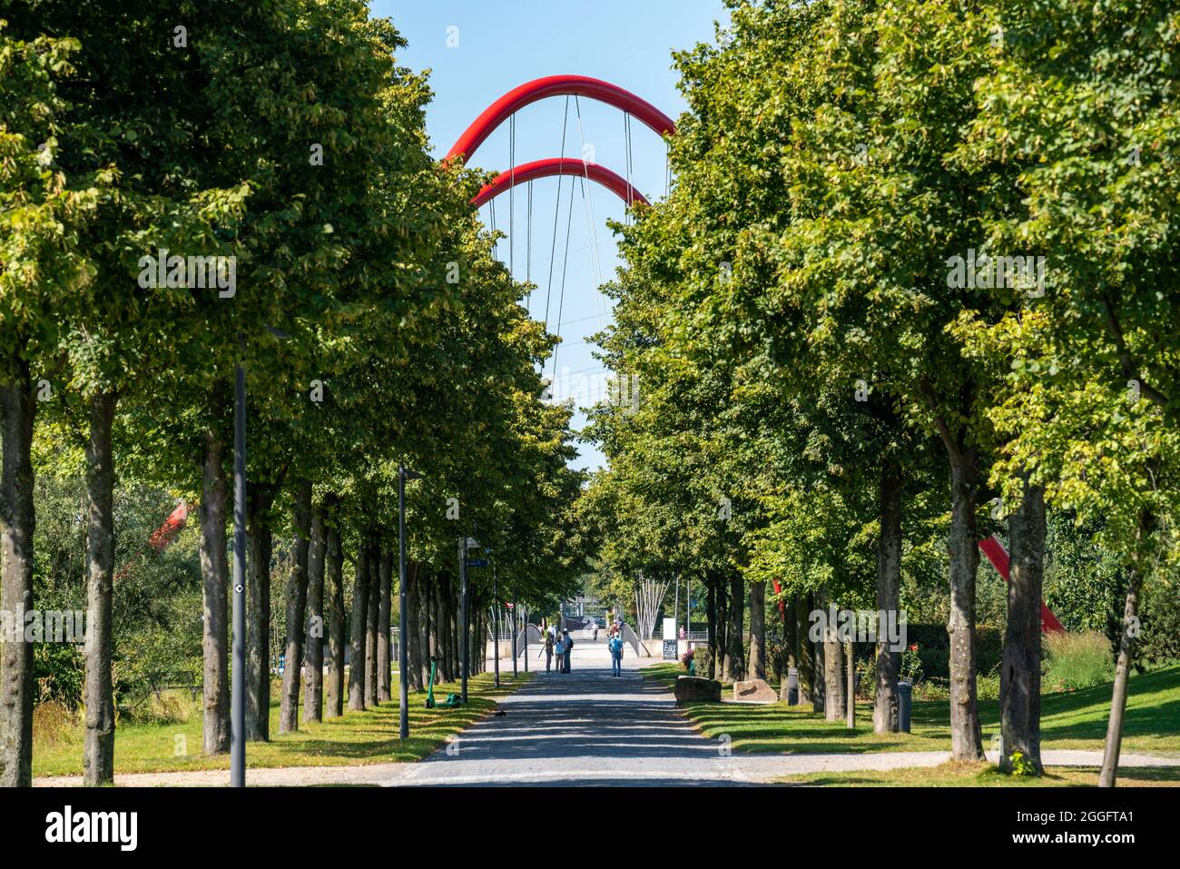 The Nordsternpark, former site of the Nordstern colliery, double arch bridge on the Rhine-Herne Canal in Gelsenkirchen Baumallee, NRW, Germany, Stock Photo