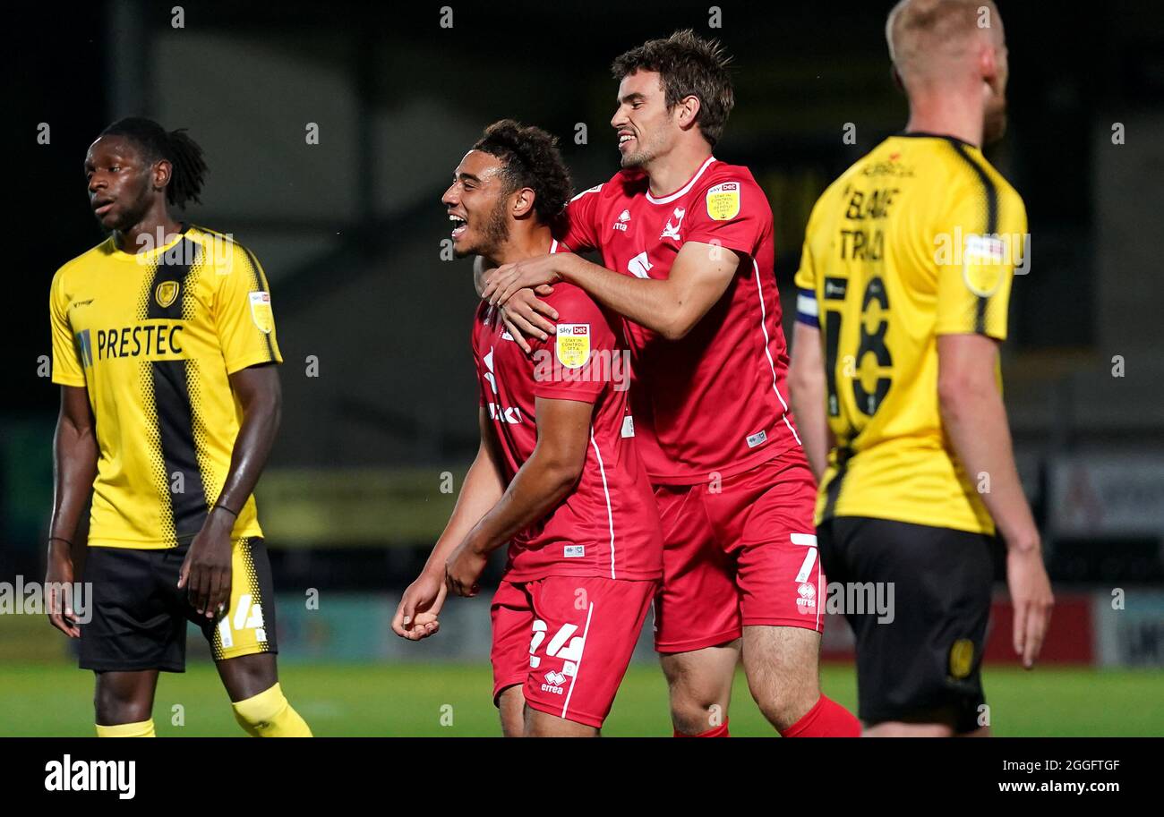 Milton Keynes Dons' Jay Bird celebrates scoring their side's first goal of the game during the Papa John's Trophy, Southern Section Group C match at the Pirelli Stadium, Burton upon Trent. Picture date: Tuesday August 31, 2021. Stock Photo