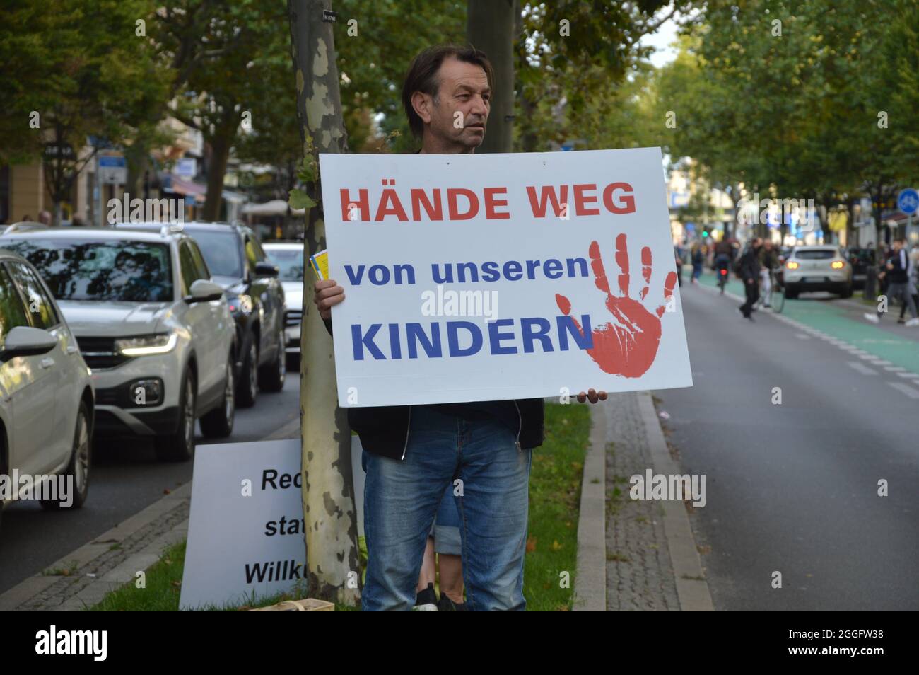 Lateral thinker demonstration against 'compulsory vaccination' -  Schlossstrasse in Steglitz, Berlin, Germany - August 31, 2021. Stock Photo