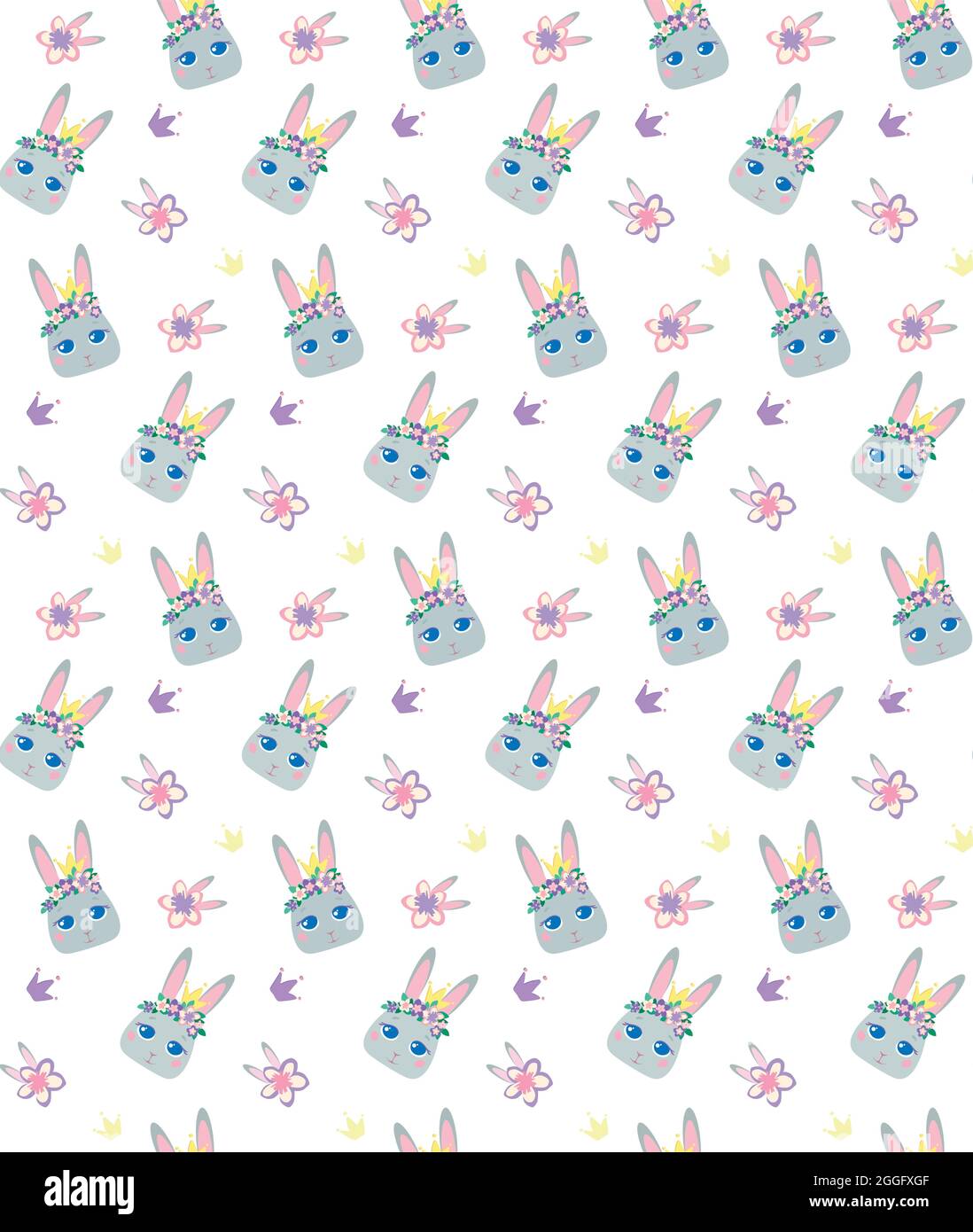 Childrens Vector Pattern Bunny In Cartoon Style Cute Smiley Rabbit In Wreaths Of Pink Flowers And With A Crown Isolated On White Background Delicate Pastel Colors For Babies Printing On Textiles Stock Childrens Vector Pattern Bunny In Cartoon Style Cute Smiley Rabbit In Wreaths Of Pink Flowers And With A Crown Isolated On White Background Delicate Pastel Colors For Babies Printing On Textiles Stock