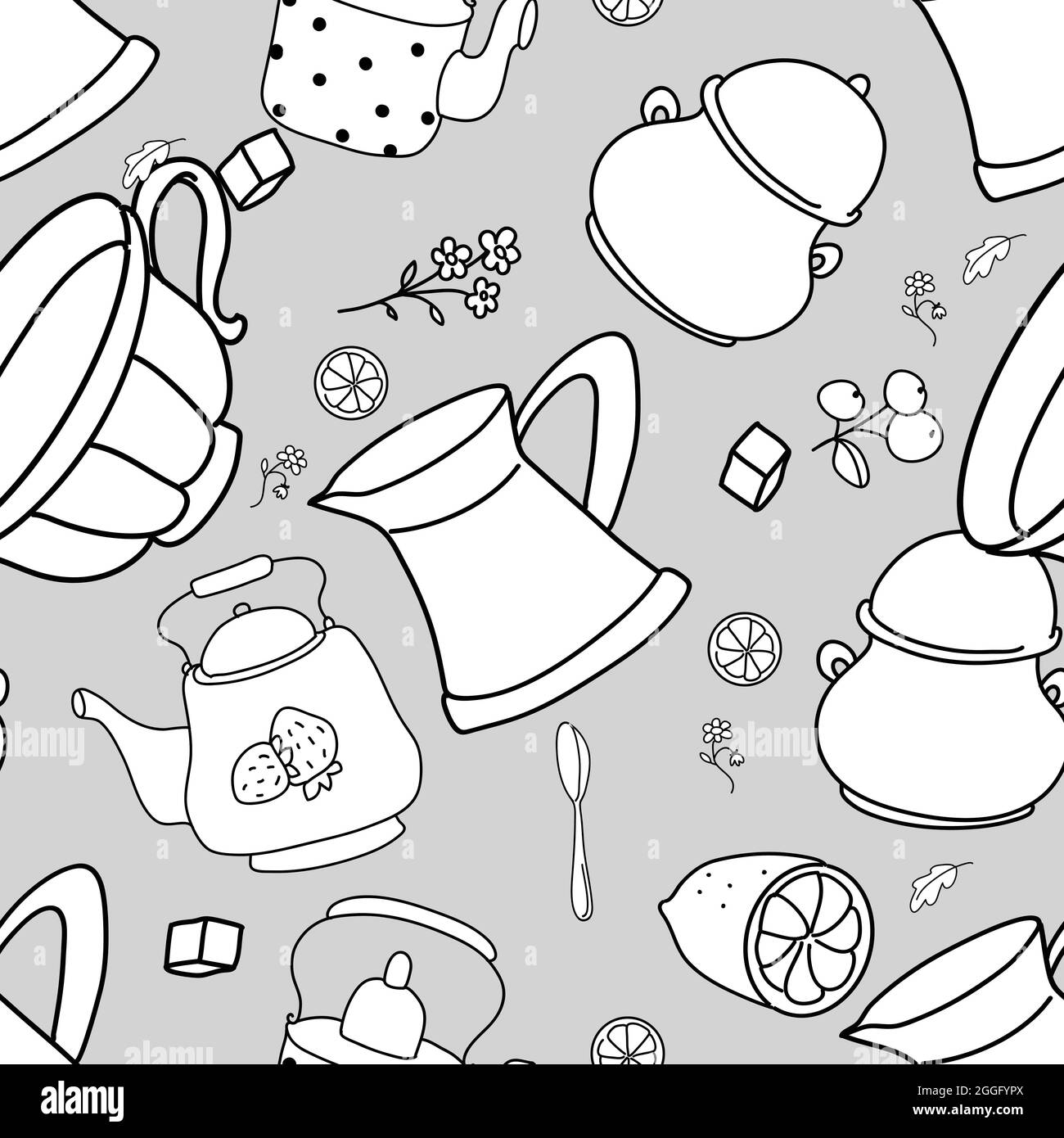 Seamless black and white pattern. Tea drinking illustration Stock ...