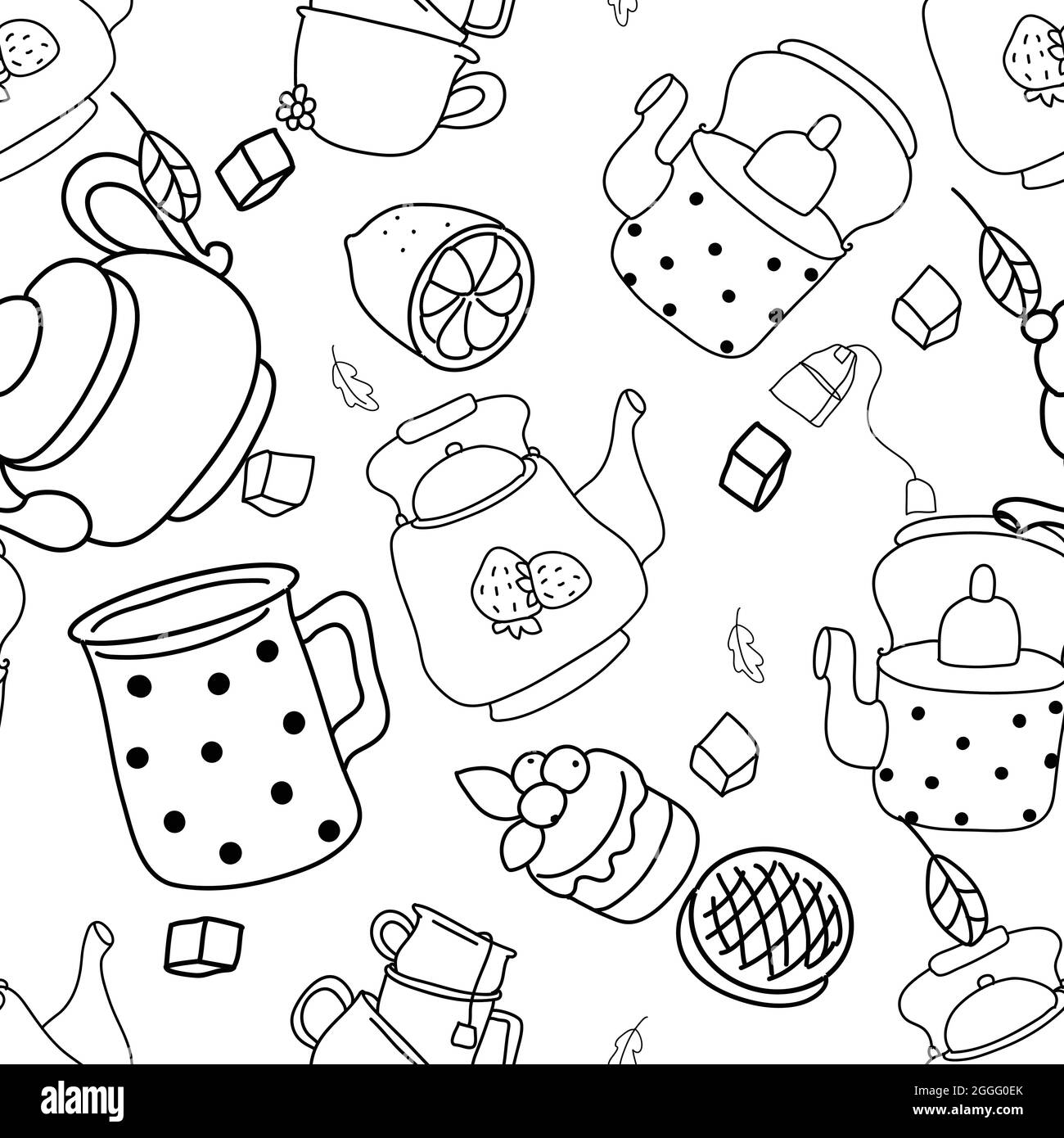 Seamless black and white pattern. Tea drinking illustration Stock ...