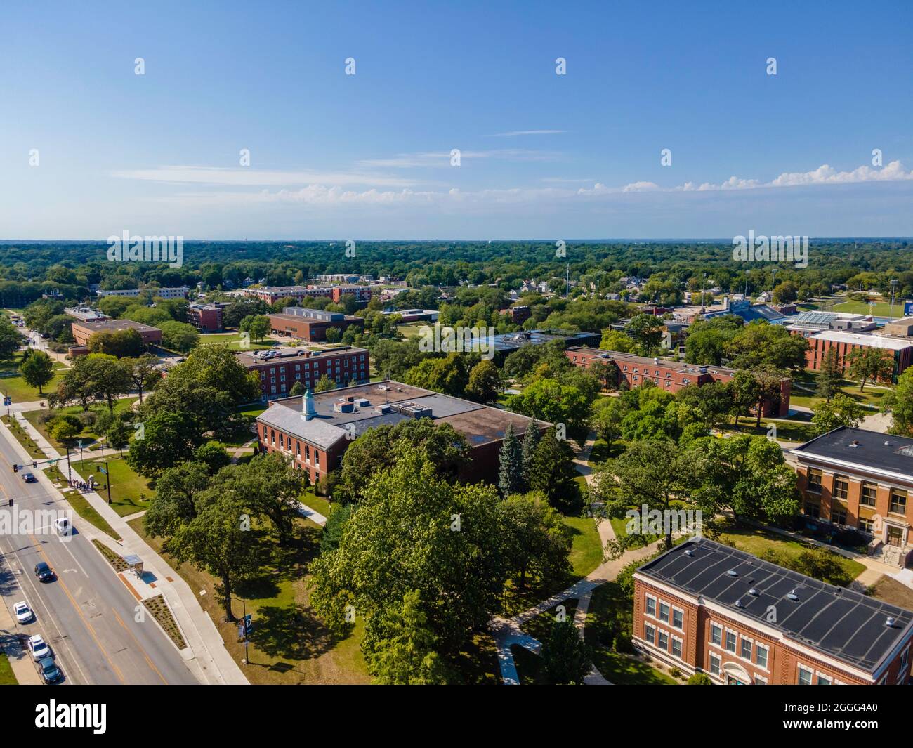 Aerial photograph of Drake University, a liberal arts university in Des