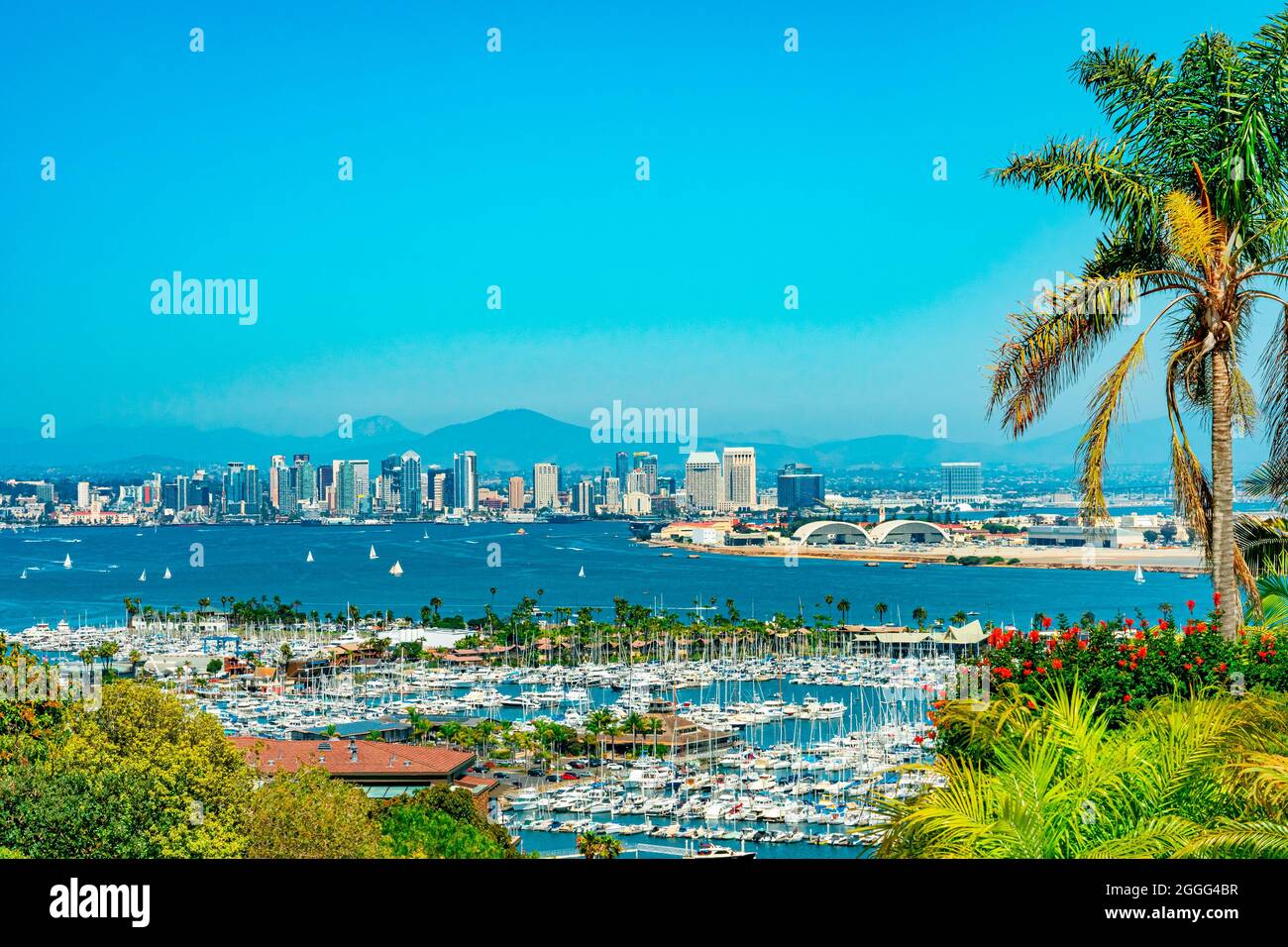 Overview from hillsides of San Diego Skyline on the edge of San Diego Bay with all it's boats anchored in the water. Stock Photo