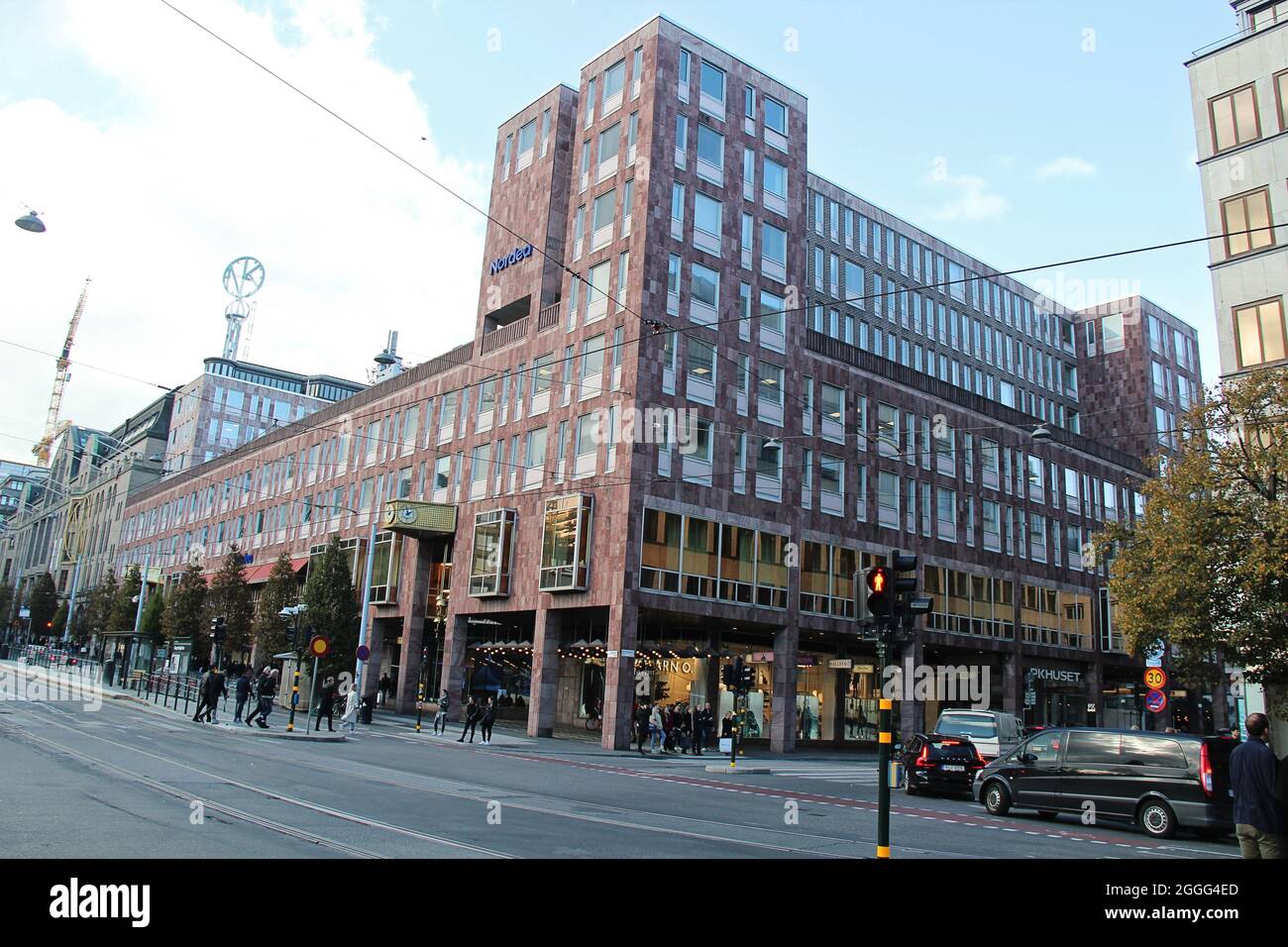Nordea Building and Street in Stockholm, Sweden Stock Photo