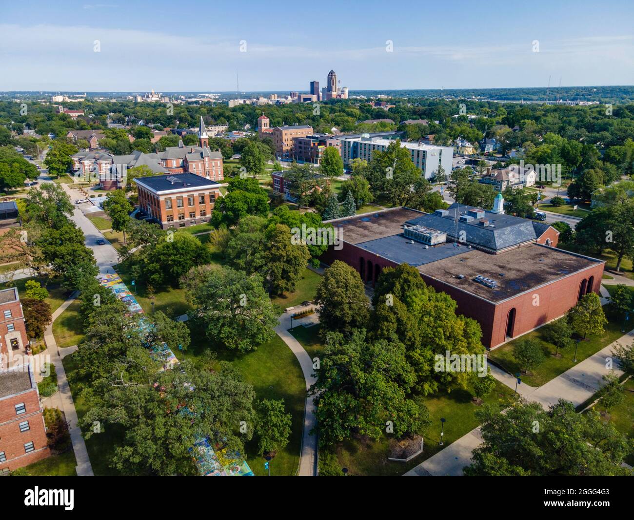 Aerial photograph of Drake University, a liberal arts university in Des