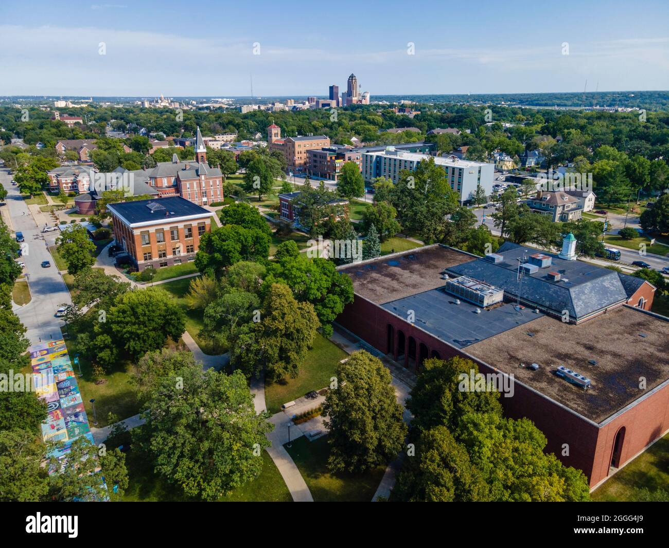 Aerial photograph of Drake University, a liberal arts university in Des
