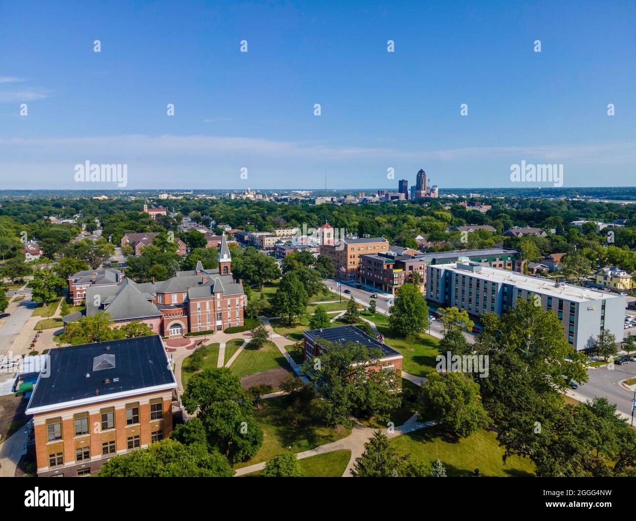 Aerial photograph of Drake University, a liberal arts university in Des