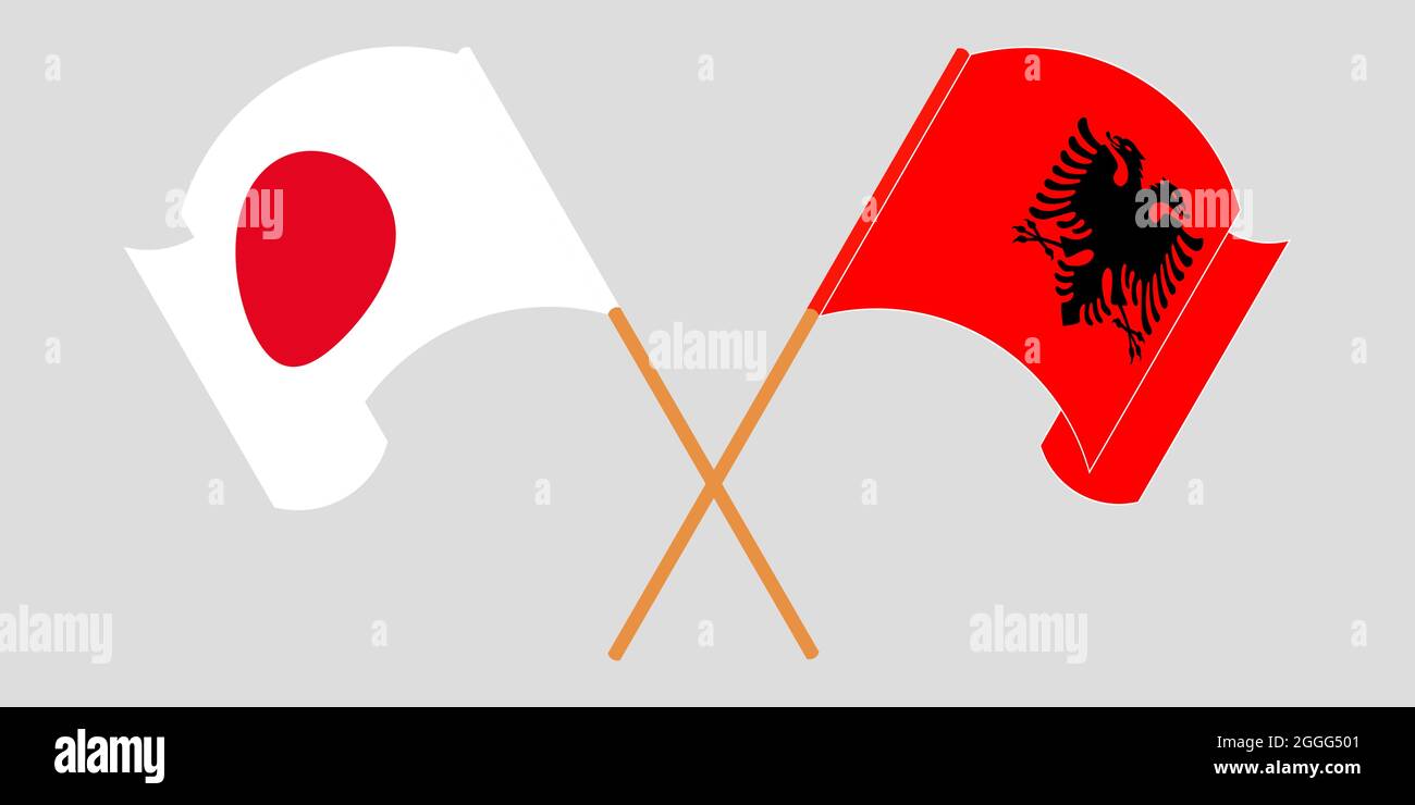 Crossed and waving flags of Albania and Japan Stock Vector