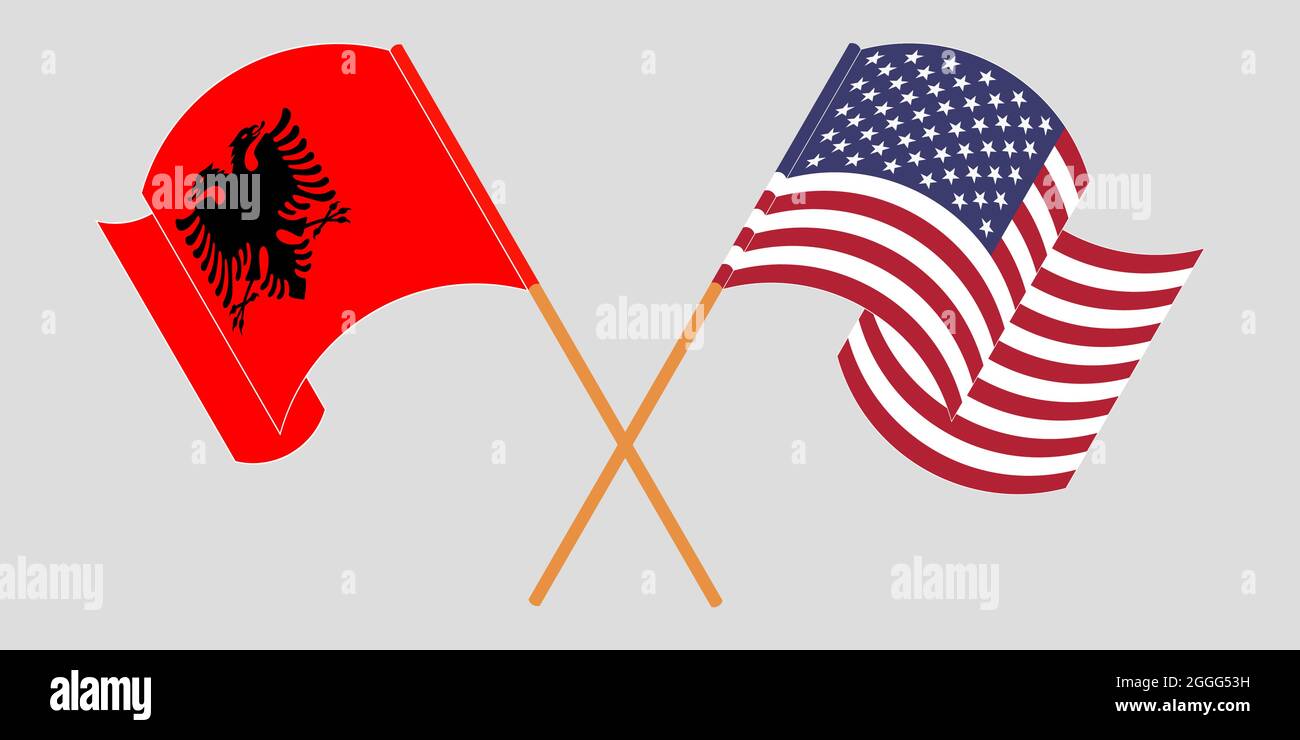 Crossed and waving flags of Albania and USA Stock Vector