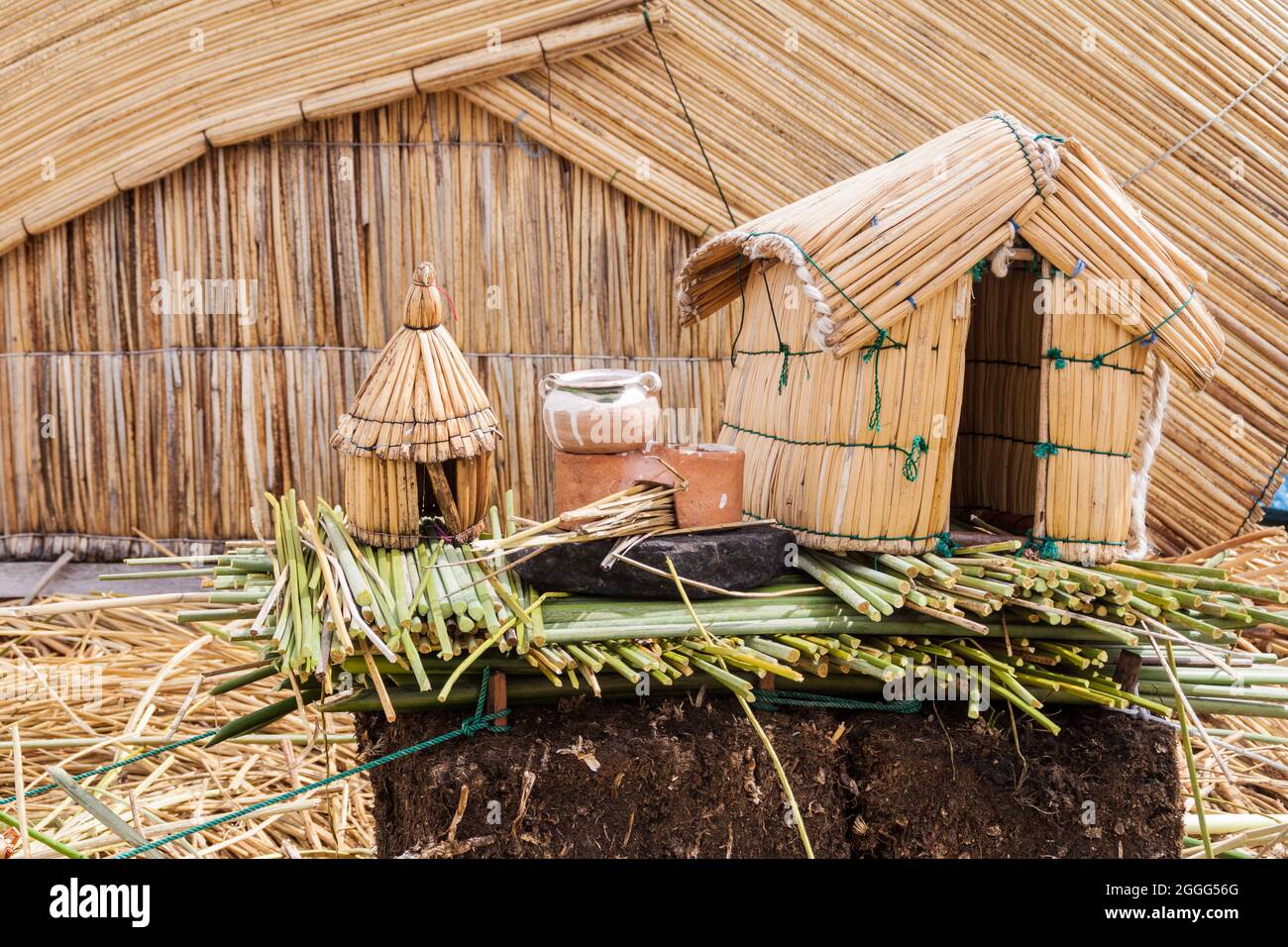 Model of reed houses on Uros floating islands, Titicaca lake, Peru