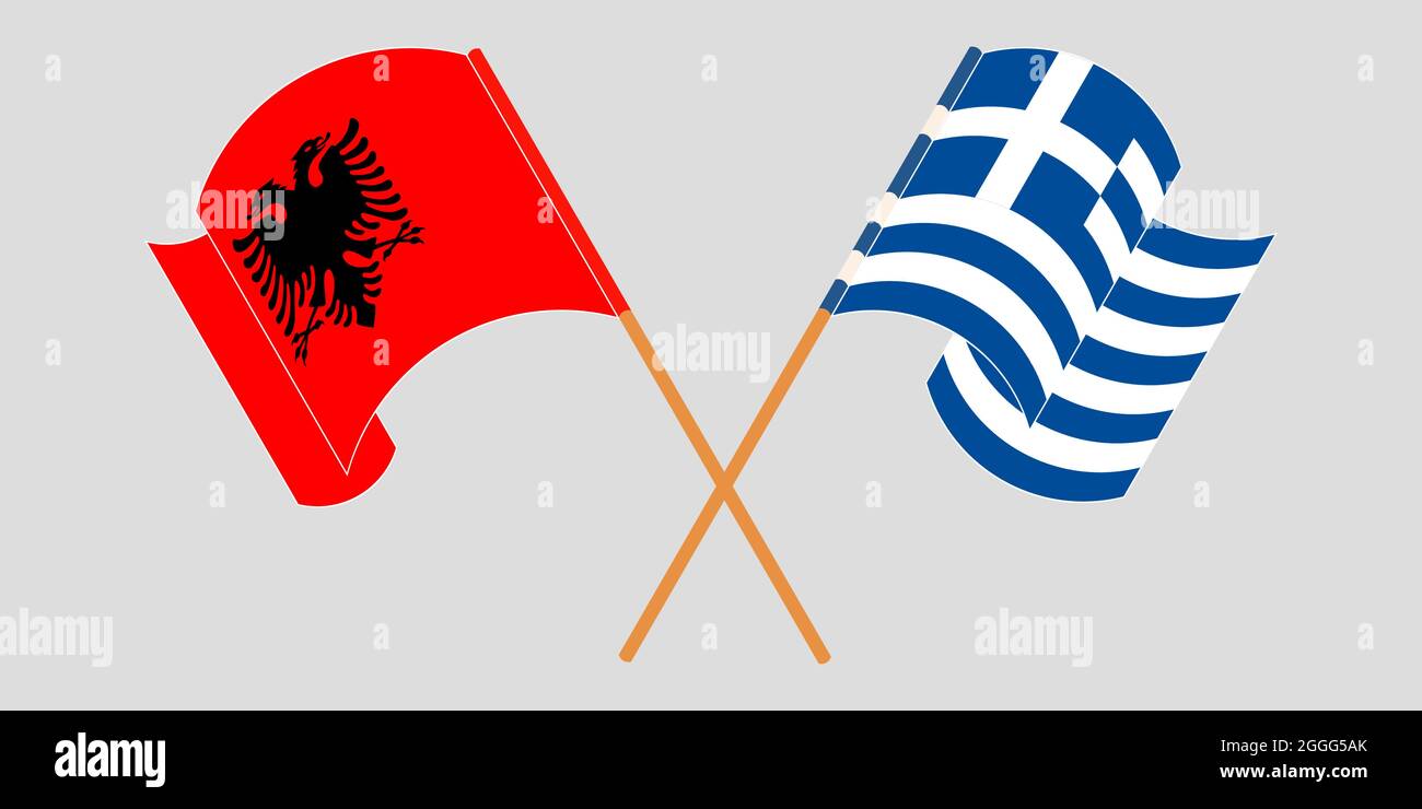 Crossed and waving flags of Albania and Greece Stock Vector