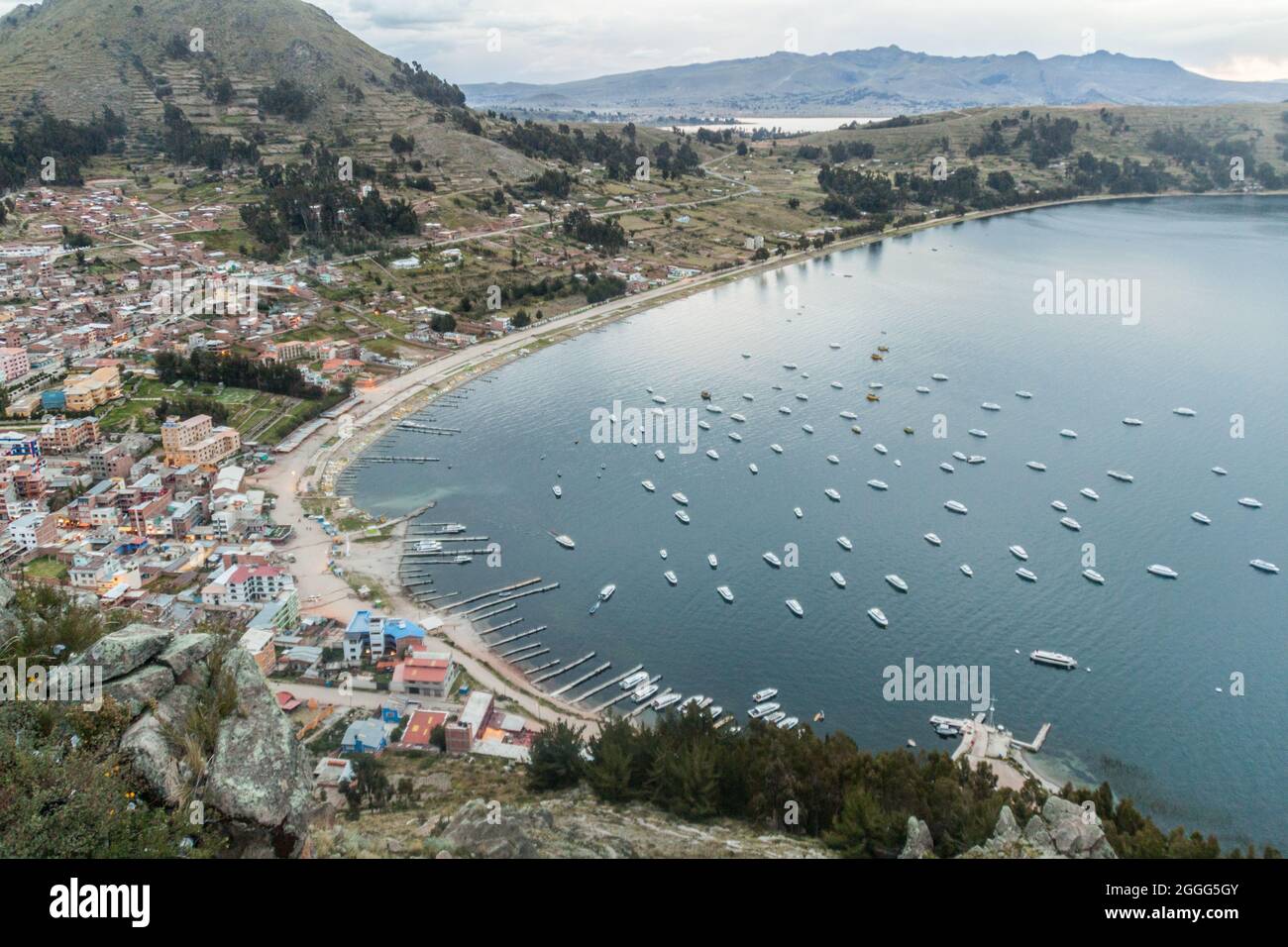 Aerial view of Copacabana town on the shore of Titicaca lake, Bolivia Stock Photo