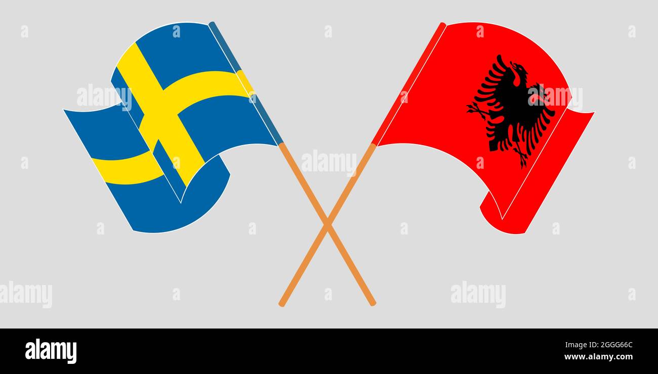 Crossed and waving flags of Albania and Sweden Stock Vector