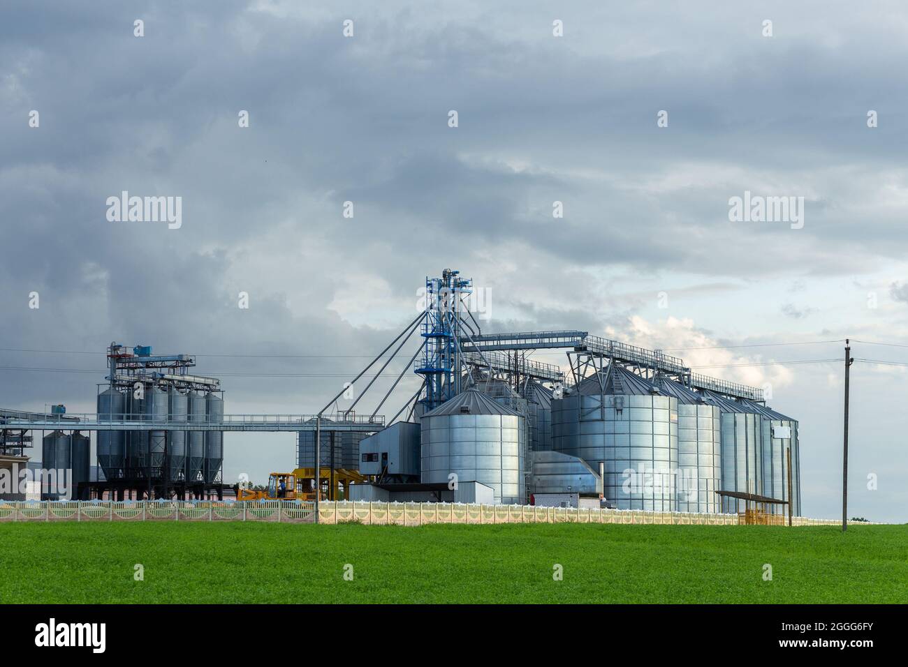 Modern Granary elevator and seed cleaning line. Silver silos on agro ...