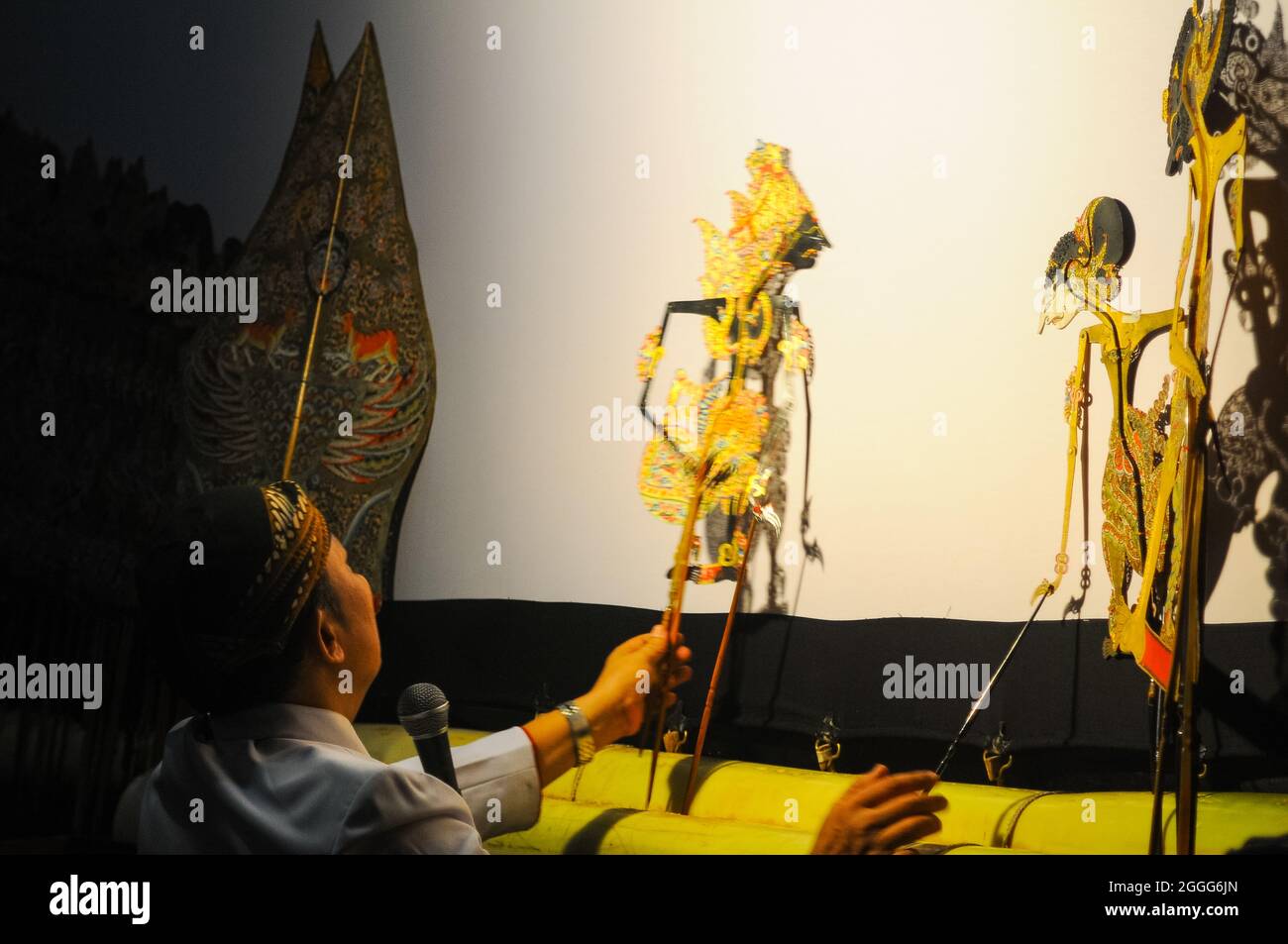 Wayang kulit show from the Java area. In Indonesia, there are several regions that have wayang kulit art with their own characteristics. Stock Photo