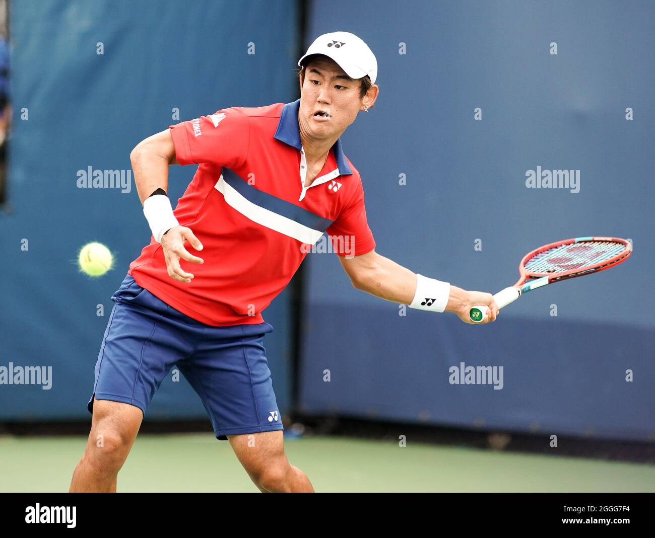 New York, United States. 31st Aug, 2021. Yoshihito Nishioka of Japan  returns the ball to Jack Sock of the USA in the second set of their first  round match held on Court