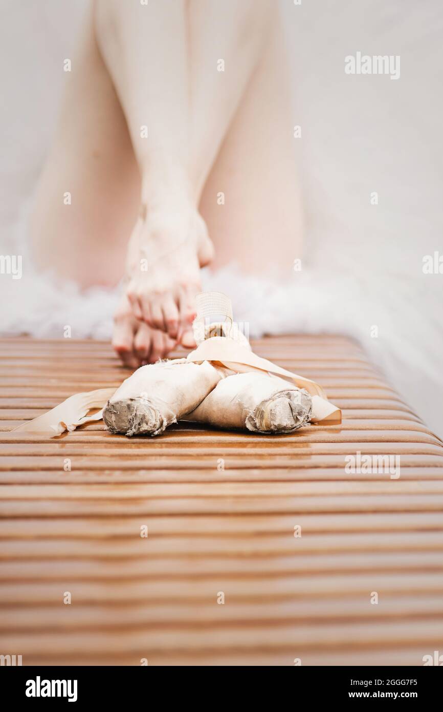 Ballerina feet without pointes outdoors. Cropped closeup perfect