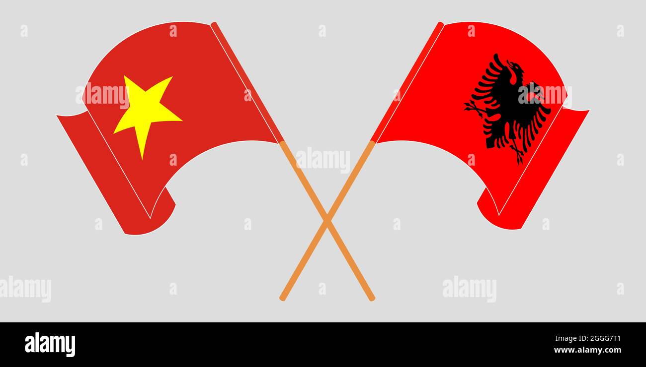 Crossed and waving flags of Albania and Vietnam Stock Vector