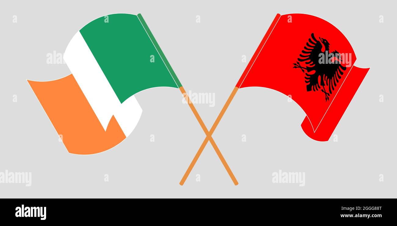 Crossed and waving flags of Albania and Ireland Stock Vector