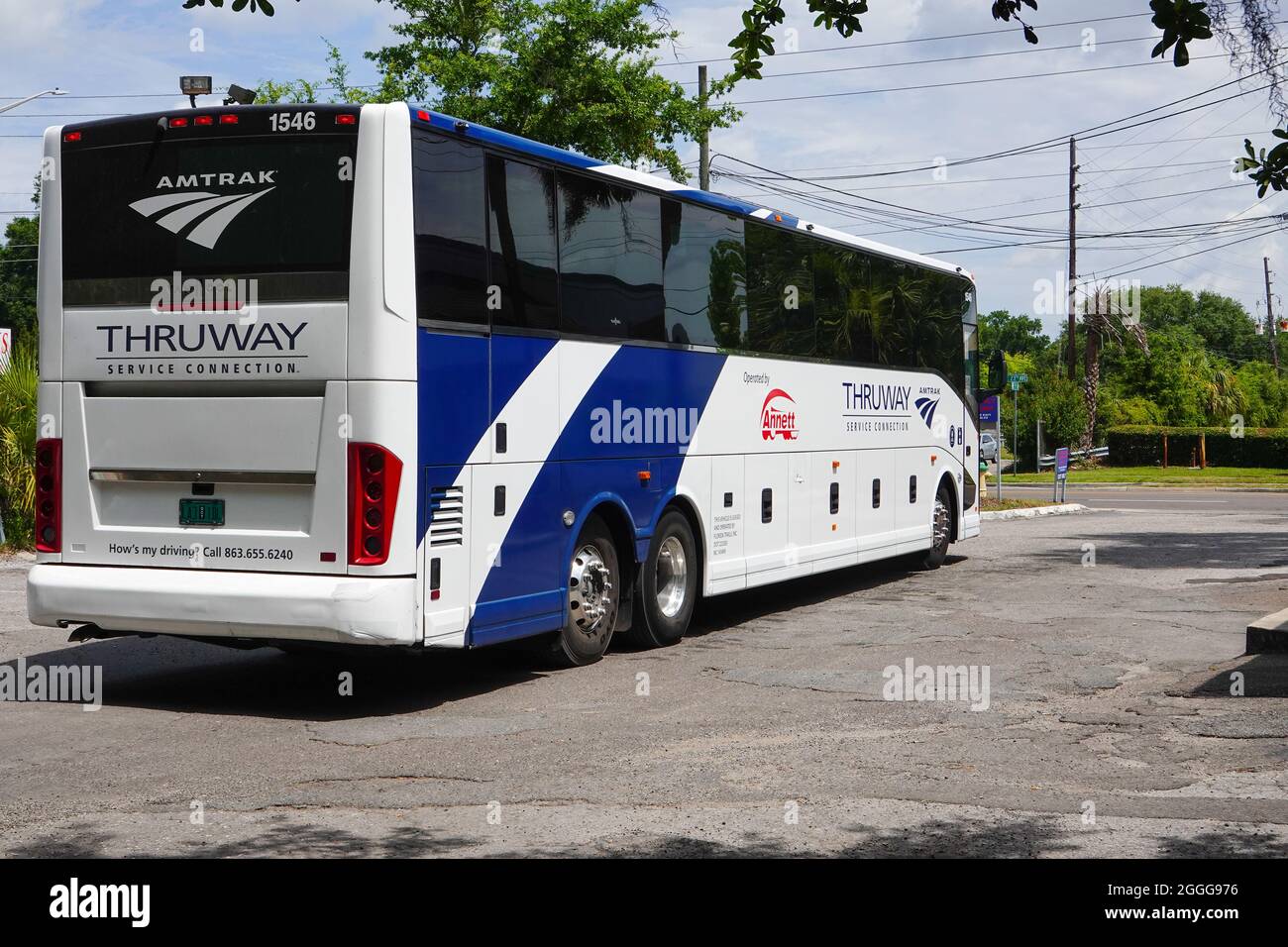 Amtrak bus parked in the Greyhound parking lot. Connection to the Jacksonville train station for cities of Ocala, Gainesville, and Waldo, Florida. Stock Photo