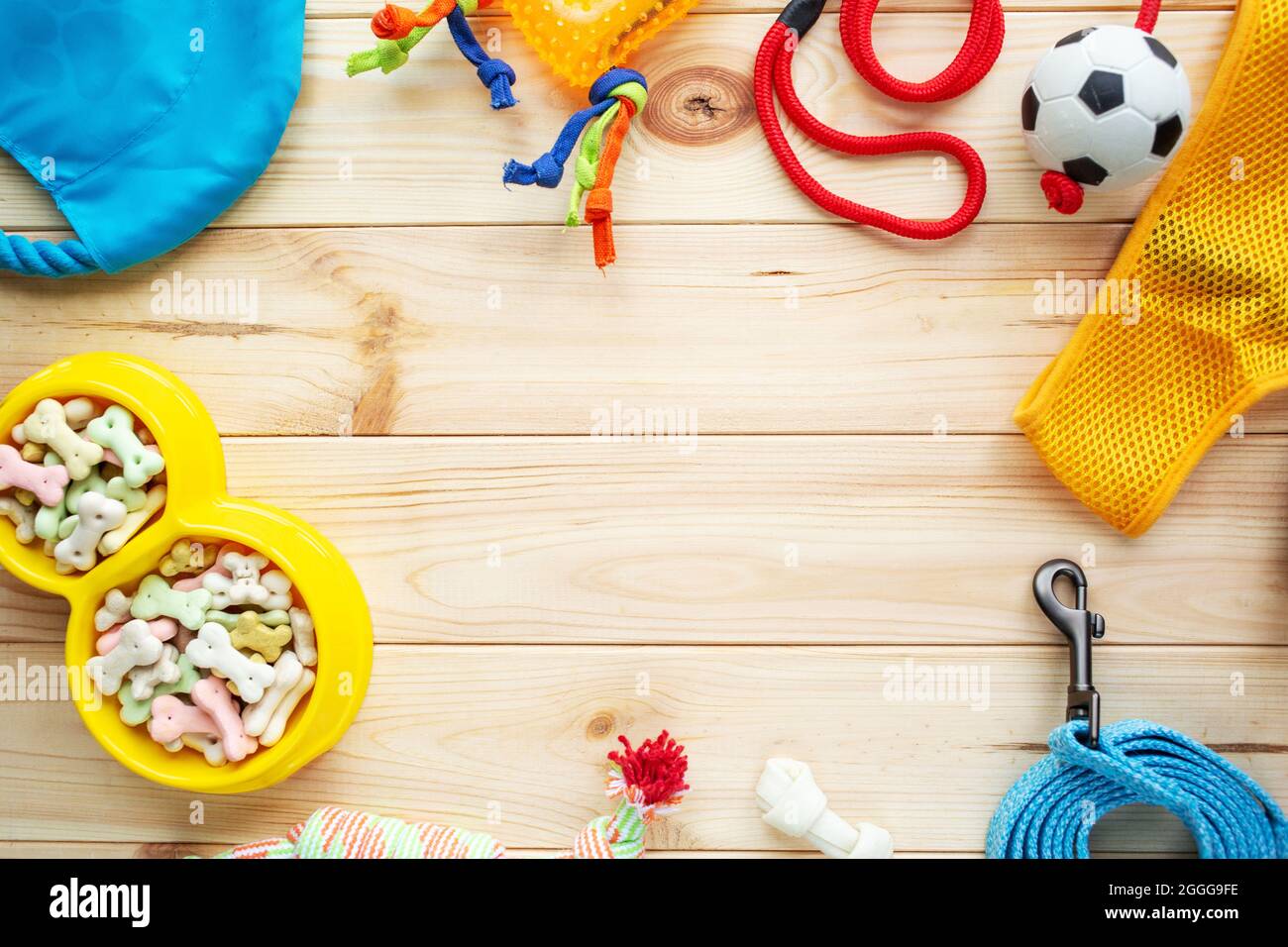 Different multicolored pet care accessories: ring, bones, balls, snacks on natural wooden background. Rubber and textile accessories for dogs. Stock Photo