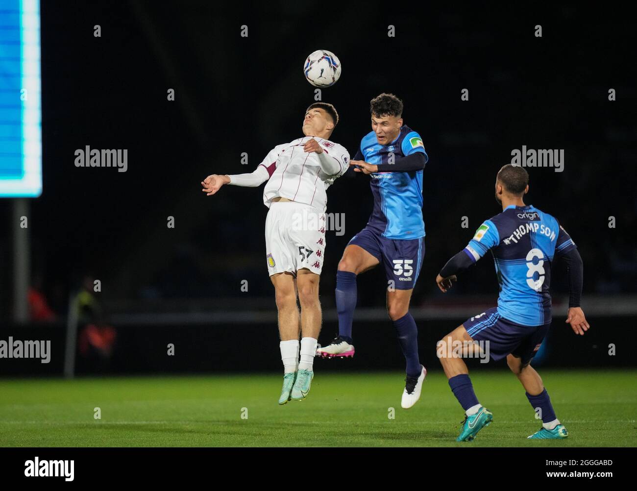 High Wycombe, UK. 31st Aug, 2021. Max Ram of Wycombe Wanderers & Taylor Jay-Hart of Aston Villa U21 during the EFL Trophy match between Wycombe Wanderers and Aston Villa U21 at Adams Park, High Wycombe, England on 31 August 2021. Photo by Andy Rowland. Credit: PRiME Media Images/Alamy Live News Stock Photo