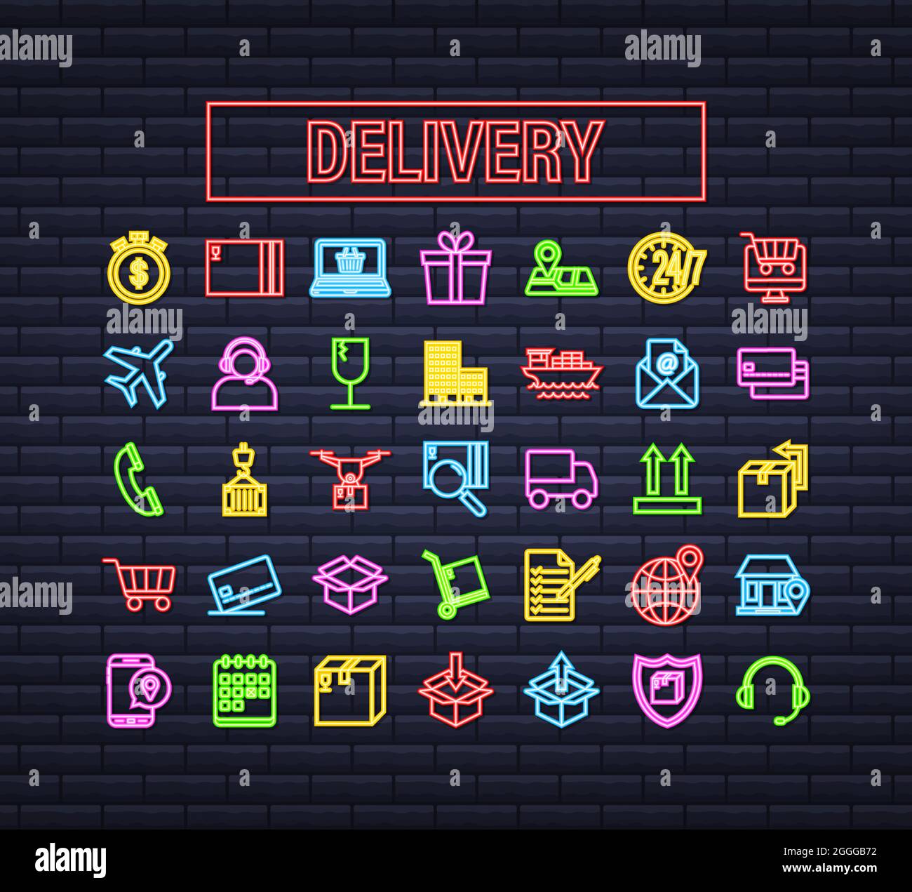 Set with delivery neon icon. Delivery service. Fast courier. Truck icon set. Vector stock illustration. Stock Vector