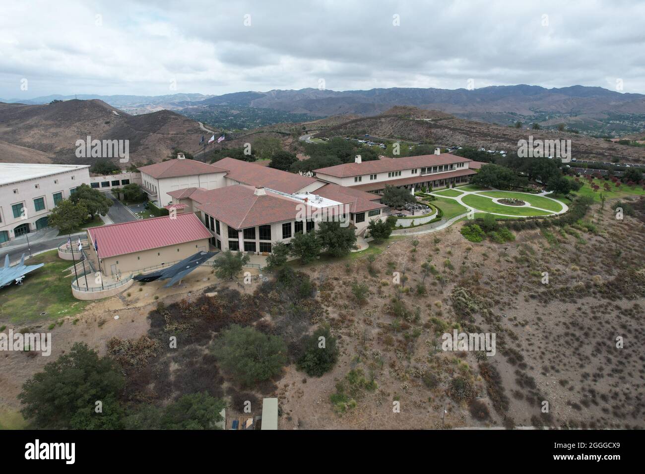 An aerial view of the Ronald Reagan Presidential Library, Wednesday, Aug. 18, 2021, in Simi Valley, Caif. Stock Photo