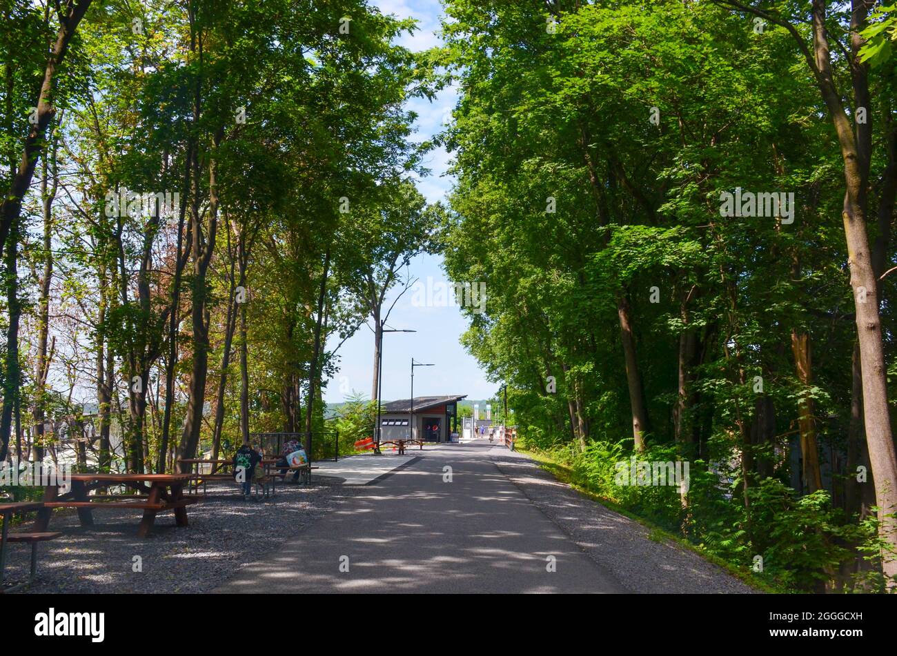 Entrance to the Walkway Over the Hudson State Historic Park, the world's longest pedestrian park. Poughkeepsie, New York, USA. July 17, 2021. Stock Photo