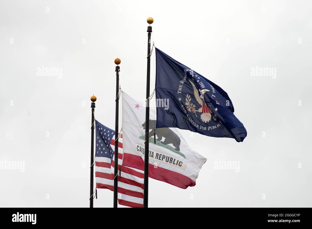 Flags at the Ronald Reagan Presidential Library, Wednesday, Aug. 18, 2021, in Simi Valley, Caif. Stock Photo