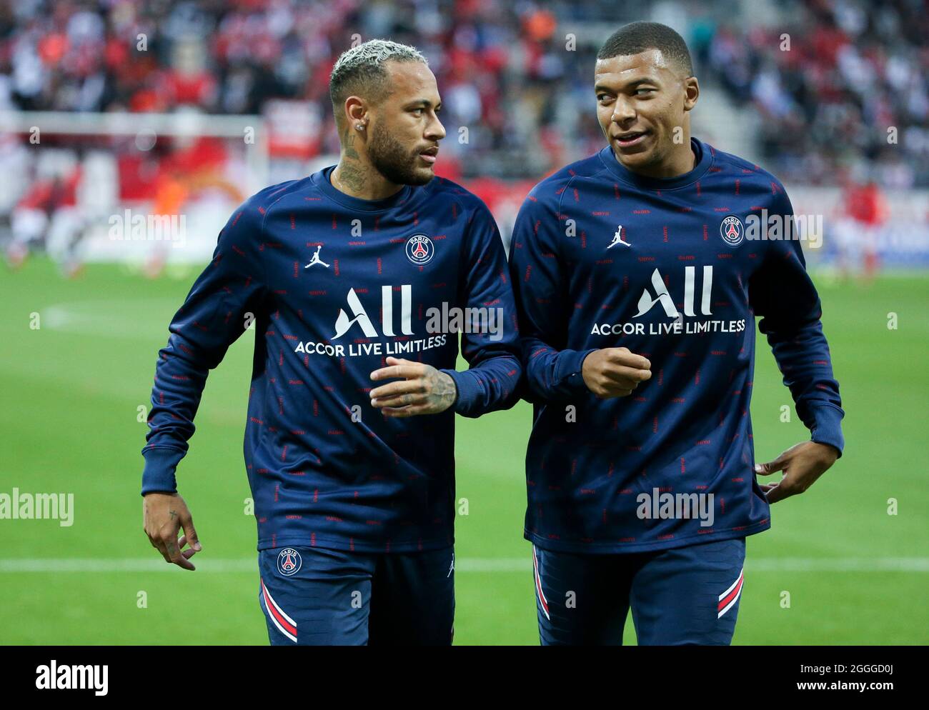 Kylian Mbappe, Neymar Jr of PSG during the French championship Ligue 1  football match between Stade de Reims and Paris Saint-Germain on August 29,  2021 at Stade Auguste Delaune in Reims, France -