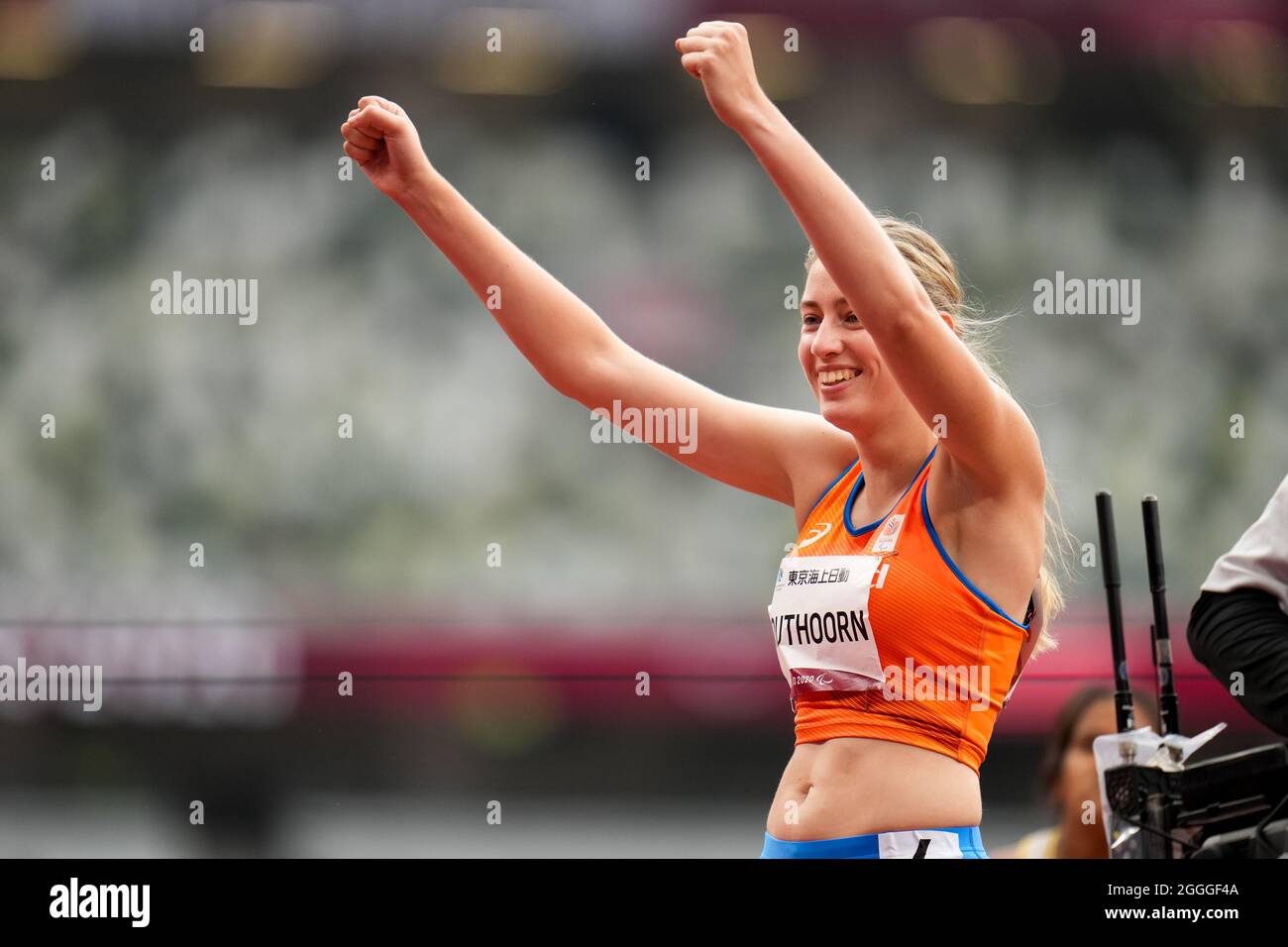 TOKYO, JAPAN - SEPTEMBER 1: Cheyenne Bouthoorn of the Netherlands after competing in the Women's 100m T36 Heats during the Tokyo 2020 Paralympic Games at Olympic Stadium on September 1, 2021 in Tokyo, Japan (Photo by Helene Wiesenhaan/Orange Pictures) NOCNSF Atletiekunie Stock Photo