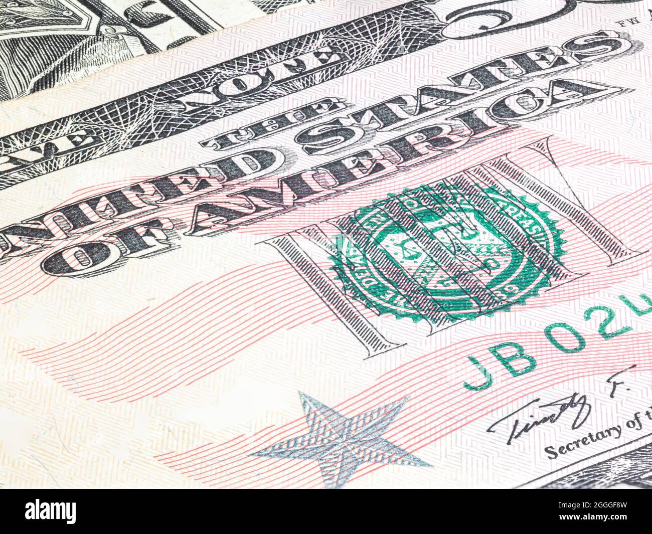 Macro close up on the design surface of 50 dollar notes. Banknotes of the United States America. Wallpaper background money. Detailed currency closeup Stock Photo