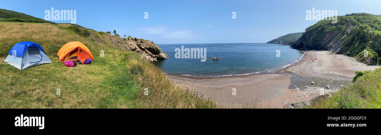 Panoramic view of Meat Cove campgrounds at the north tip of Cape Breton Island Nova Scotia Stock Photo
