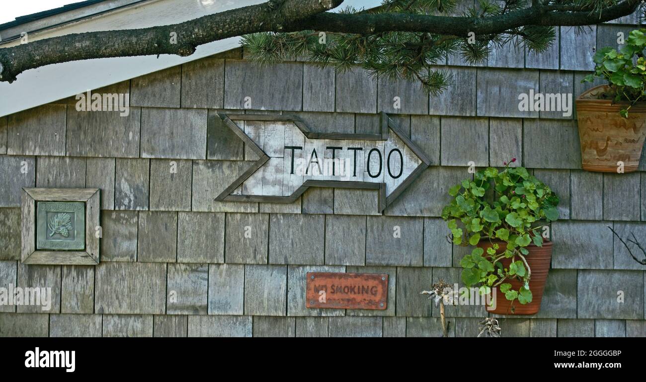 This Way to the Local Tattoo Parlor Stock Photo