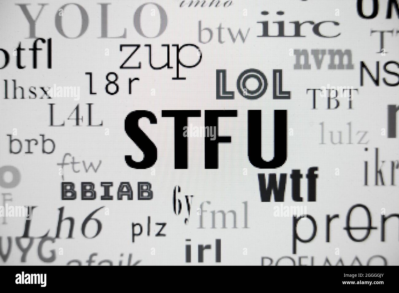 STFU and other commonly used internet acronyms on screen (internet slang, text slang, text acronym) - USA Stock Photo