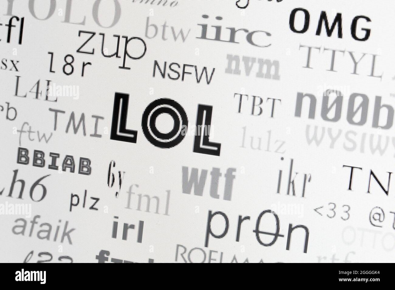 LOL and other commonly used internet acronyms on screen (internet slang, text slang, text acronym) - USA Stock Photo