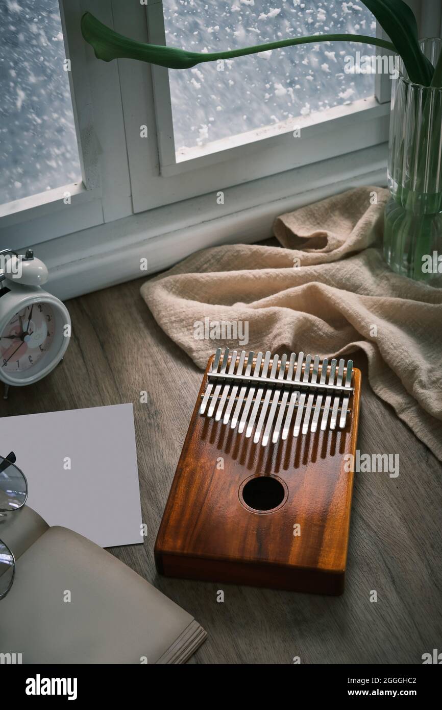 Kalimba or mbira is an African musical instrument. Traditional's Shona people of Zimbabwe. Relaxation methods and techniques through anti-stress music Stock Photo
