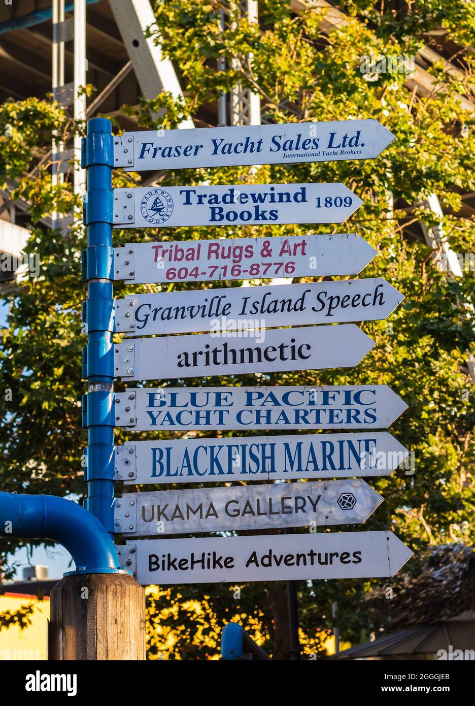Directional Signs - Signpost on the street at Granville Island, BC, Canada. Street view, travel photo, selective focus. Stock Photo