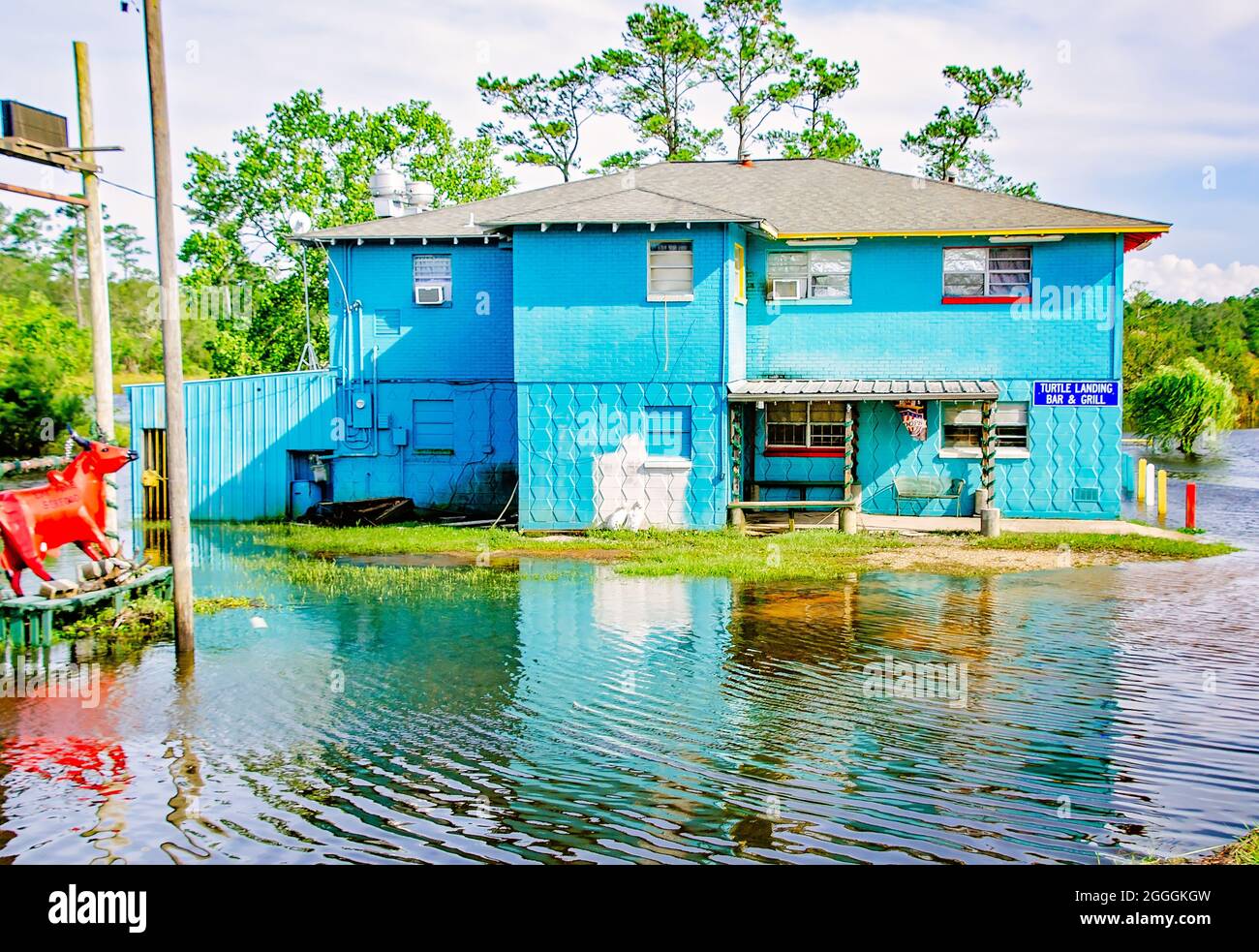 Floodwater from Hurricane Ida surrounds Turtle Landing Bar & Grill, Aug
