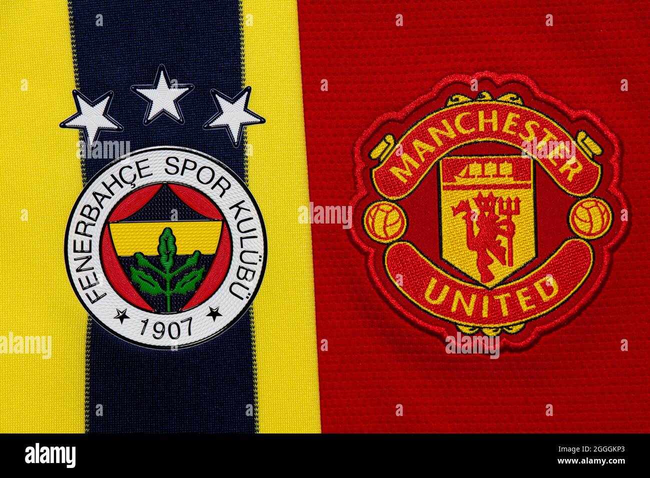 Close up of Manchester United & Fenerbahce club crest. Stock Photo