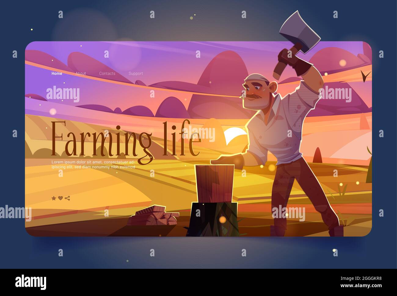 Farming life banner with man chopping wood on agriculture fields at sunset. Vector landing page with cartoon illustration of farmer with ax cutting timbers. Lumberjack with mustache and hatchet Stock Vector