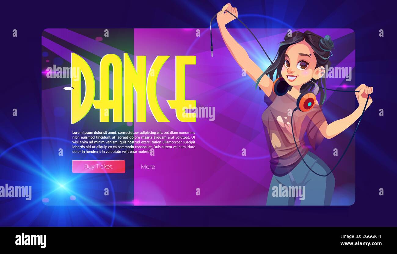 Dance party banner with girl dj with headphones. Vector landing page of  discotheque or music show with cartoon illustration of young asian woman in  shorts with piercing on face and black hair