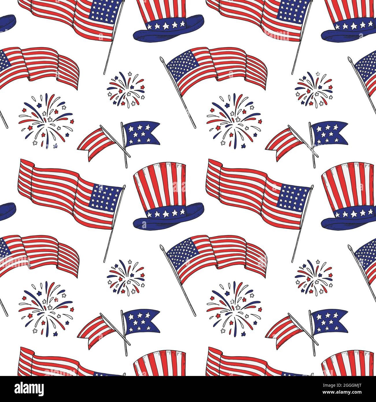 Patriotic seamless pattern with USA flags, firework, Uncle Sam hat. Vector illustration Stock Vector