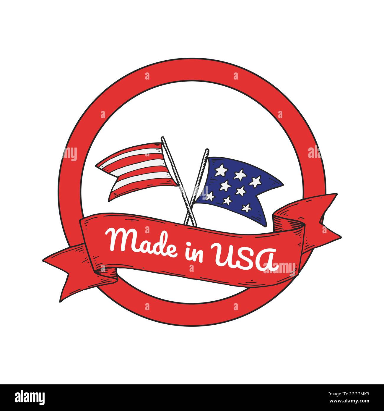 Made is USA label with hand drawn United States crossed flag. Vector illustration Stock Vector