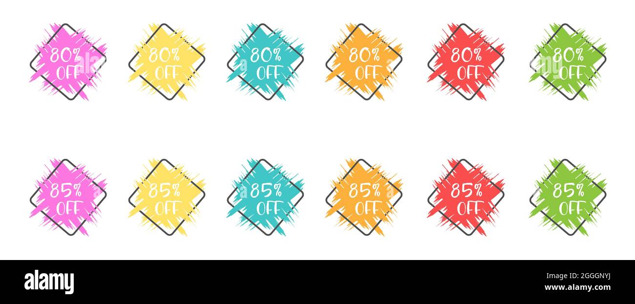 set of colored grunge stickers with a 80 and 85 percent discount
