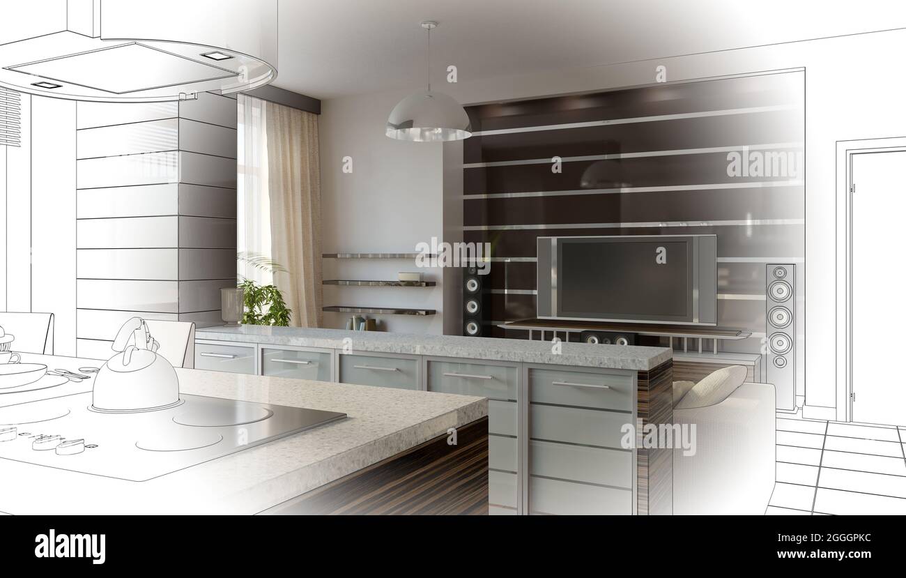 visualization of modern residential interior design, 3D illustration ...