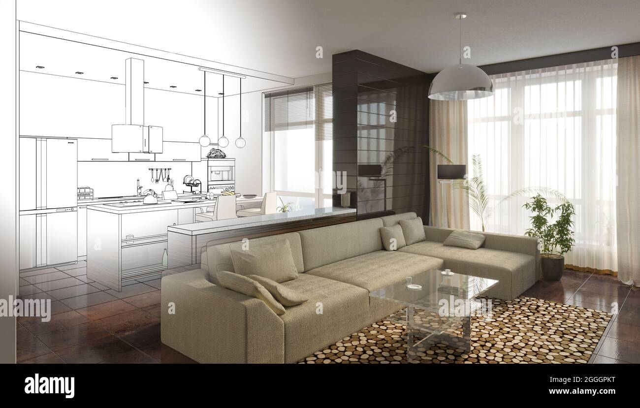 visualization of modern residential interior design, 3D illustration ...